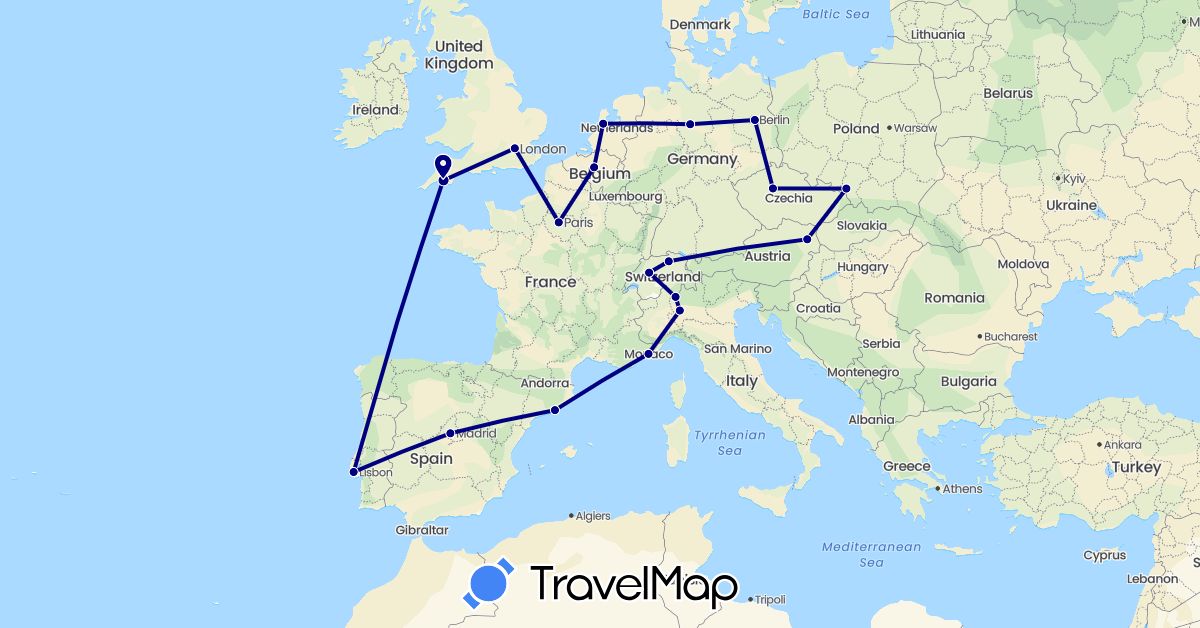 TravelMap itinerary: driving in Austria, Belgium, Switzerland, Czech Republic, Germany, Spain, France, United Kingdom, Italy, Netherlands, Poland, Portugal (Europe)