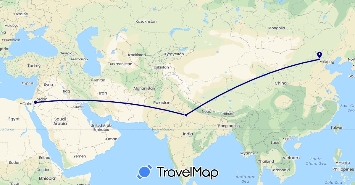 TravelMap itinerary: driving in China, India, Jordan (Asia)